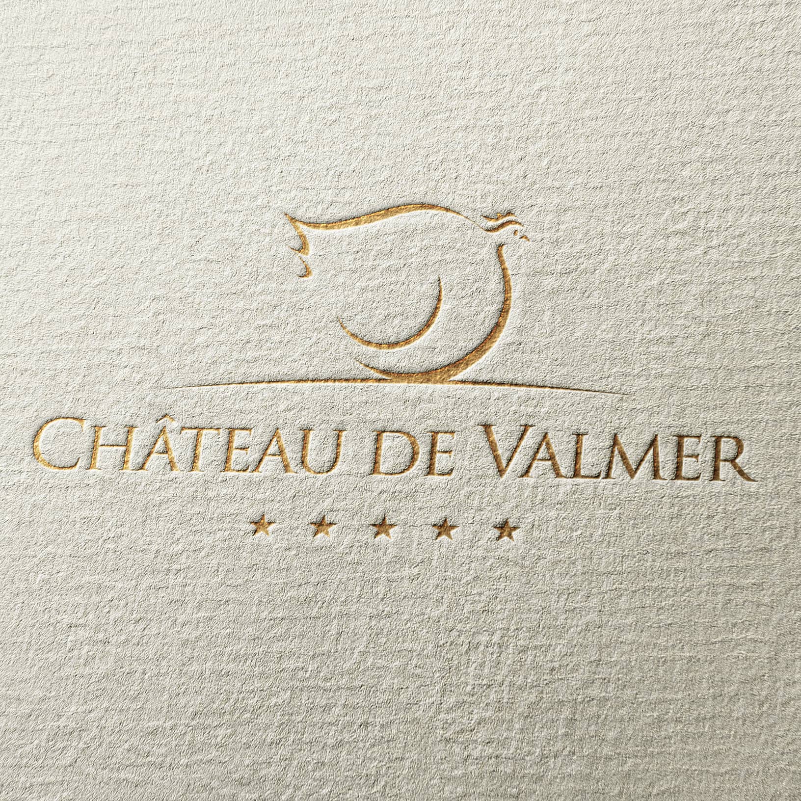Logo Château de Valmer, texte embossé, cinq étoiles.