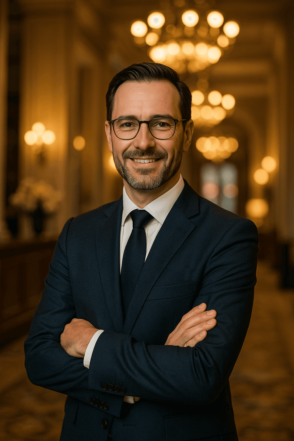 Homme en costume souriant, dans un hall illuminé.
