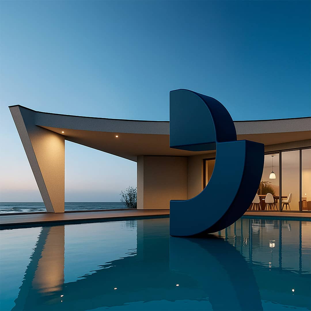 Maison moderne au bord de l'eau au crépuscule.
