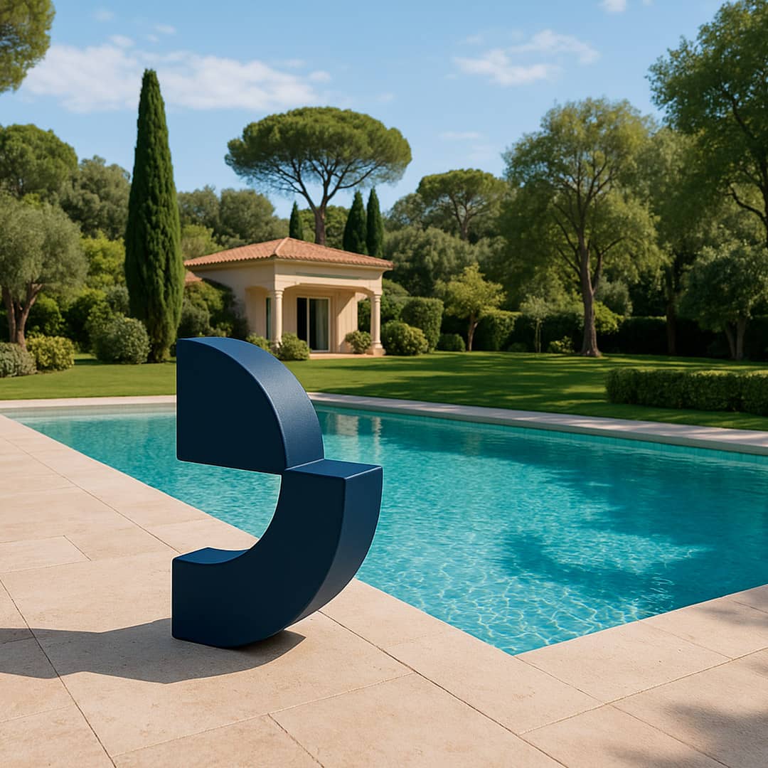 Jardin avec piscine et sculpture moderne.