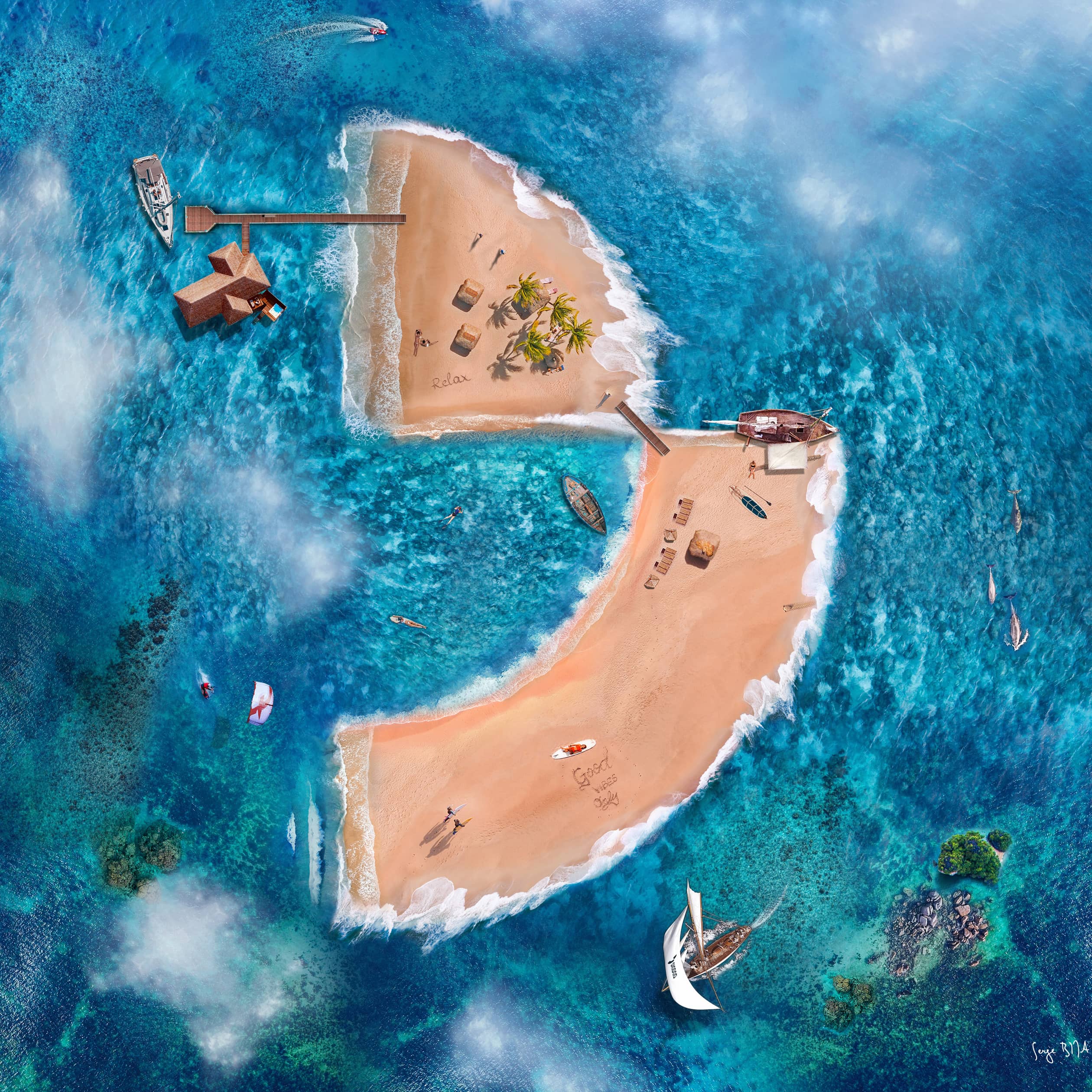 Îles formant une silhouette de cœur dans l'océan.