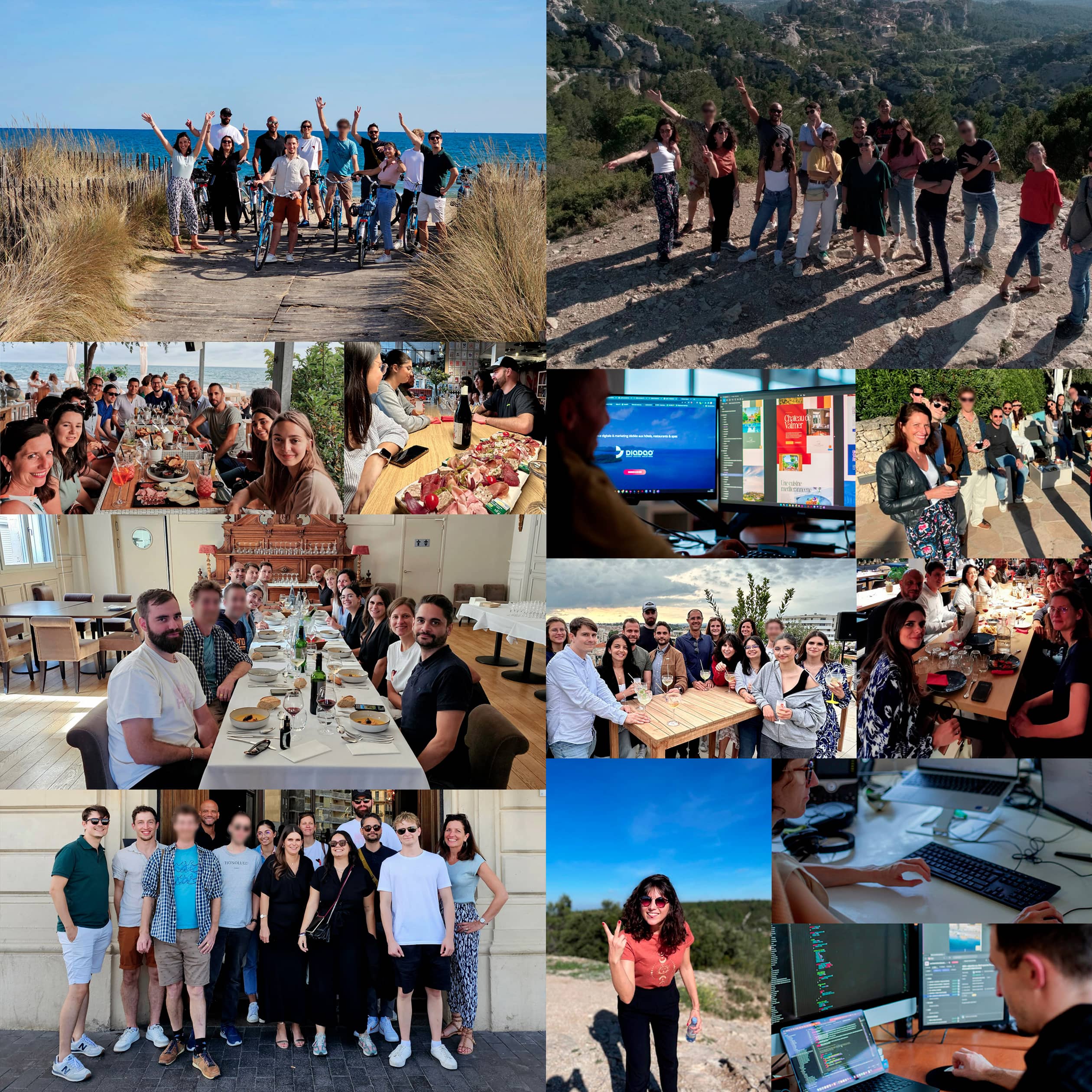 Équipe en activités extérieures et réunions conviviales.