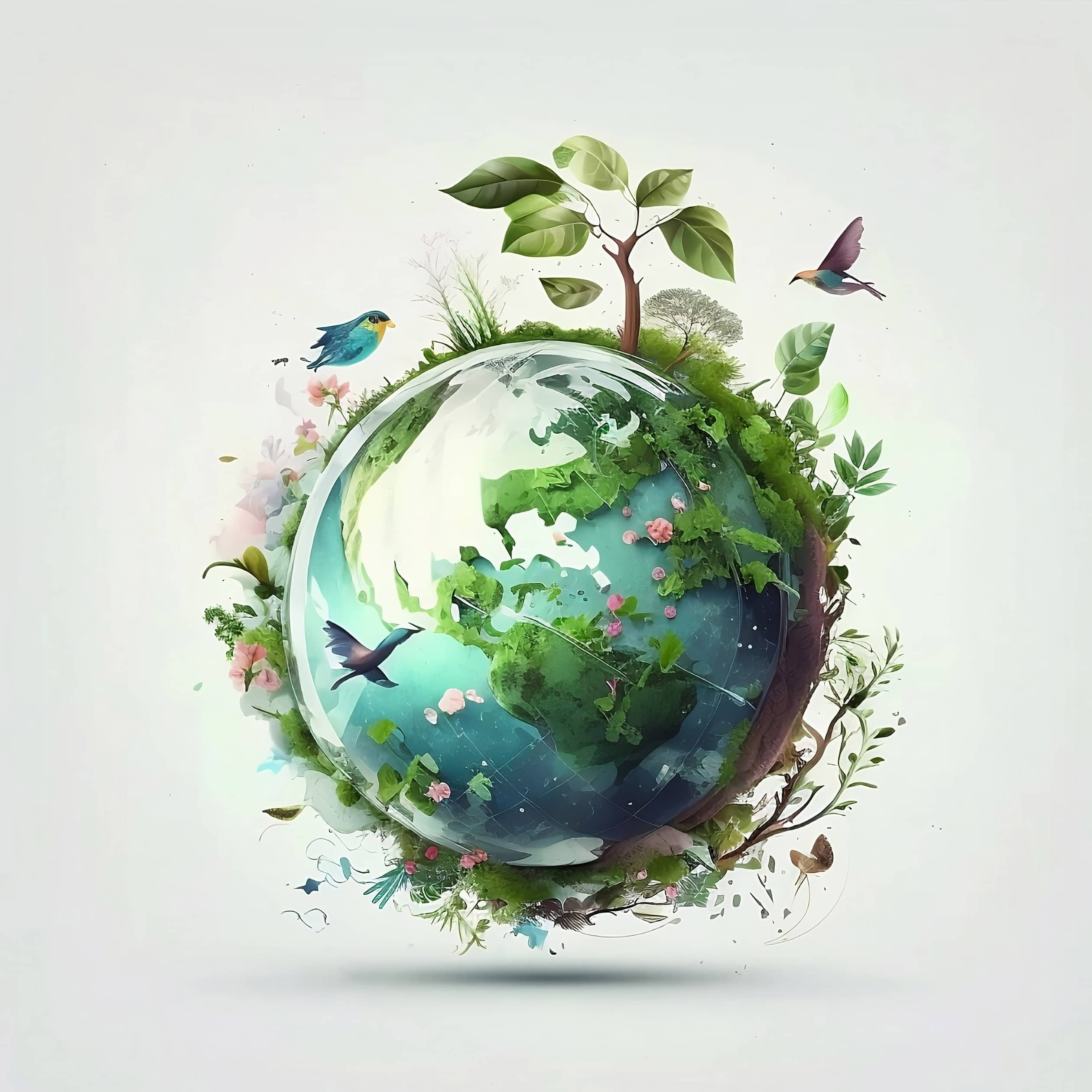 Illustration globe entouré de nature et oiseaux.