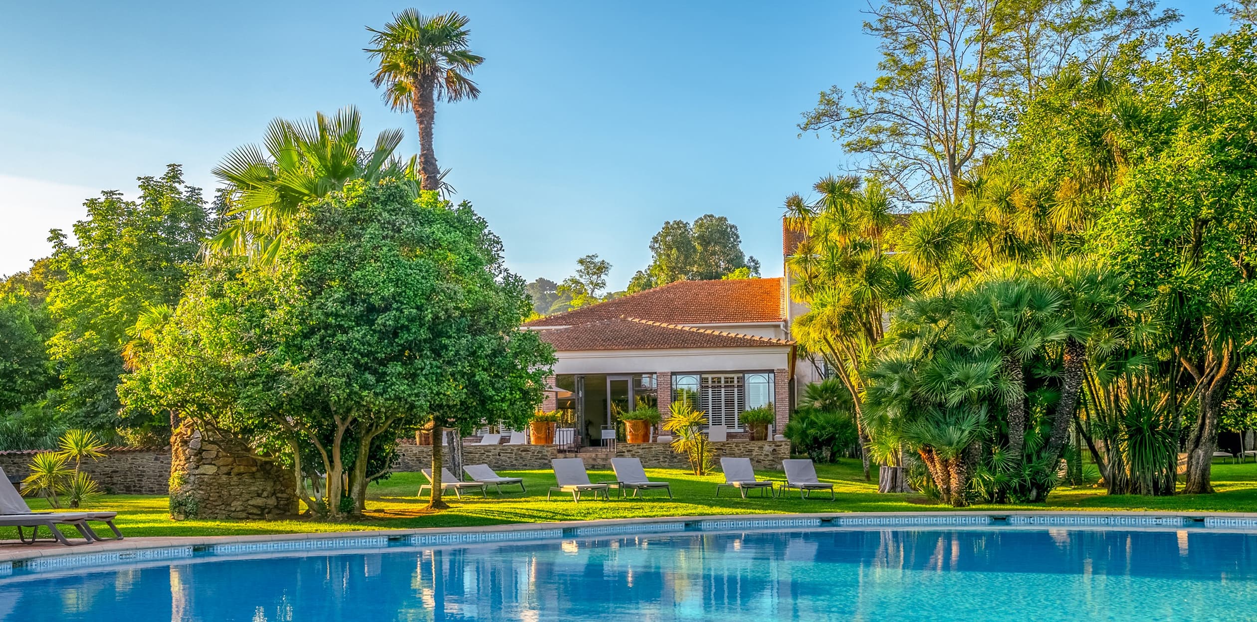 Jardin verdoyant avec piscine et chaises longues.